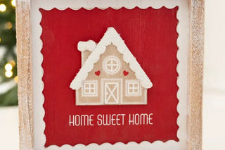 7x7 wood frame sign with red panel, white scalloped border, beige house motif and HOME SWEET HOME.