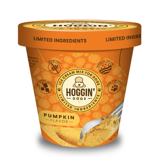 Hoggin' Dogs No Sugar Added Ice Cream Mix for Dogs in orange pumpkin flavor packaging with limited ingredients.
