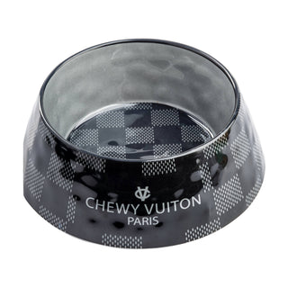 Chewy Vuiton Paris dog bowl with black checker pattern
