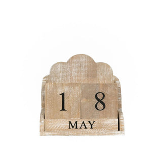 Wooden block calendar desk decor with a weathered finish, showing MAY and numeric blocks 1 and 8.