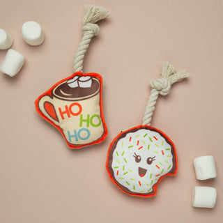 Mini dog toy set: plush mug with HO HO HO and a smiling sprinkles donut, both with rope-tie handles and red edging