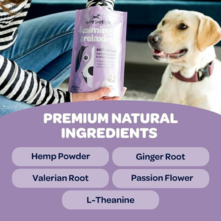 Calming and Relaxing Dog Chews packaging in purple beside a dog, showing premium natural ingredients panel