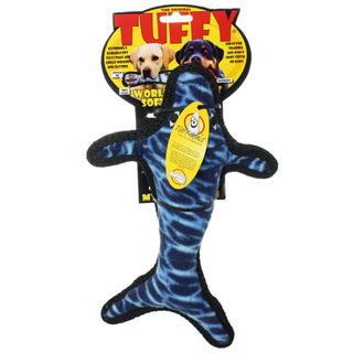 Tuffy Ocean Whale dog toy, blue plush with black trim, squeaky
