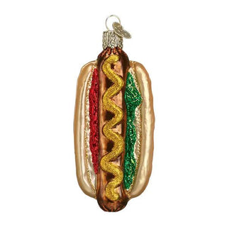Hot dog ornament with metallic bun and glittery red, yellow, and green condiments