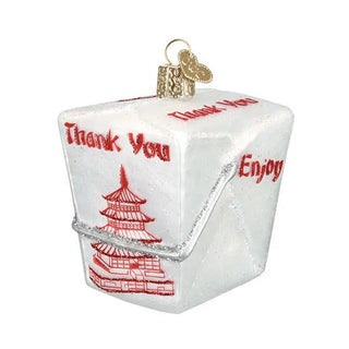 Chinese Take Out Ornament, white cube with red Thank You text and pagoda design, glitter accents, gold hanging loop