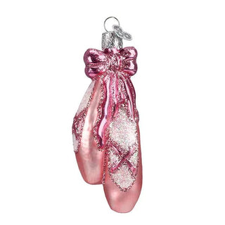 Ballet Toe Shoes Ornament in pink satin with glitter, ribbon bow, and silver top cap