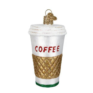 Coffee to-go cup ornament with white cup, red COFFEE lettering, and gold glitter sleeve.