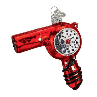 Blow dryer ornament in red glass with silver vent detail.