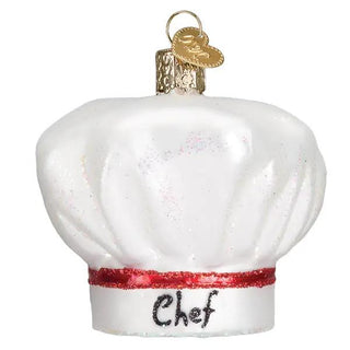 Chef's hat ornament, white with red glitter band and gold hanging loop