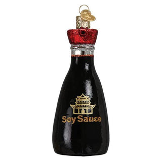 Soy Sauce ornament, black glass bottle with red cap and gold pagoda logo.