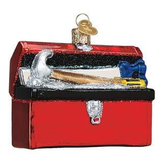 Toolbox ornament, red metallic finish with silver hammer and tools, gold hanging loop