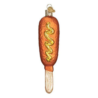 Corn Dog Ornament, orange textured glass with gold mustard squiggle, hanging loop and wooden stick