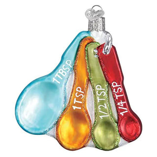 Measuring spoons ornament set; five colorful glass spoons in teal, orange, yellow, green and red with glitter edges.