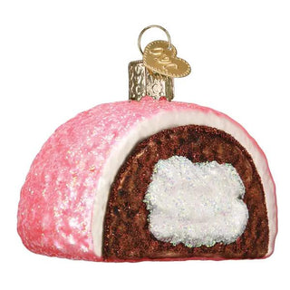 Snoball ornament, pink glitter glaze over a brown cake with white center, glass ornament.