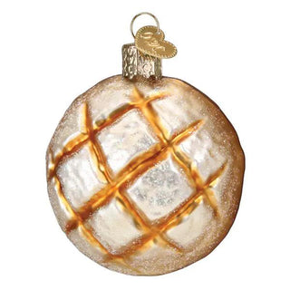 Sourdough bread ornament, glass ball with beige glaze and golden lattice scoring, frosted speckled finish