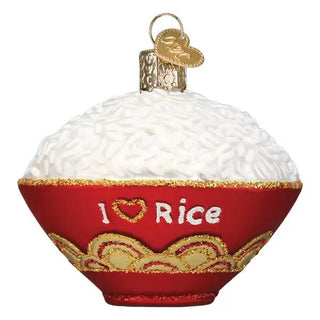 Bowl of Rice ornament: red base with white textured rice top, gold trim, and I Love Rice detail.