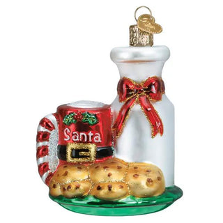 Santa's Milk & Cookies Ornament, glass; white milk bottle with red bow and cookies on a green base