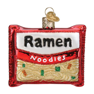 Ramen Noodles ornament, red glitter holiday ornament with white banner reading Ramen and noodle-pattern base