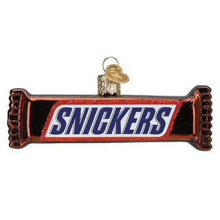 Candy-bar ornament with metallic brown wrapper, blue label, and hanging loop