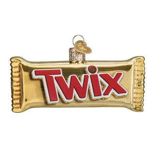 Twix ornament, gold foil-wrapped candy bar Christmas decoration with bold red Twix logo