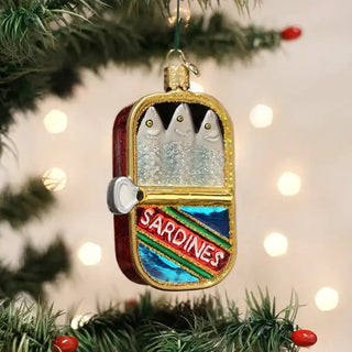 Sardines Ornament: gold-framed can with three glittery silver sardines and a blue and red label