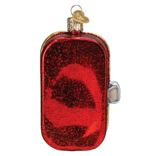 Sardines ornament, red glitter glass with gold trim and hanging loop