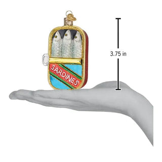 Sardines ornament in a gold-trimmed can with three silver sardines and turquoise panel.