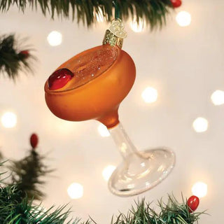 Manhattan Martini ornament, orange glass cocktail with red garnish