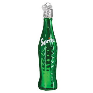 Sprite bottle ornament, green glass bottle with silver cap and hanging loop, embossed dotted texture along the body.
