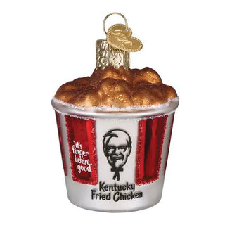 Bucket of chicken ornament, red and white striped ceramic bucket with fried chicken top and hanging loop