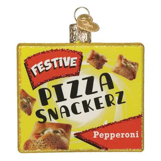 Ornament Pizza Snackerz with pepperoni pizza pieces on a bright yellow glitter background