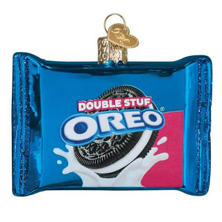 Oreo Double Stuf ornament in a blue foil package with a gold hanging loop.