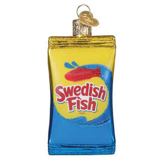 Swedish Fish ornament with yellow and blue wrapper, red fish logo, and gold hanger.