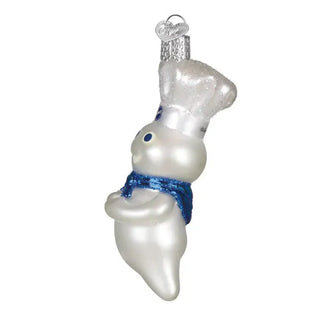 Doughboy ornament, glossy white figure with blue scarf and silver chef hat for holiday decor
