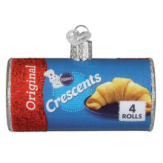 Crescent rolls ornament with blue packaging, red glitter band, and silver hanging cap showing 4 rolls