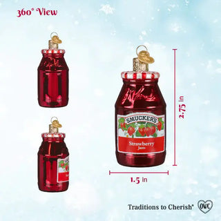 Smucker's Strawberry Jam ornament, red glass jar with white lid for holiday decor.