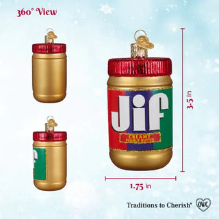 Peanut Butter Ornament, gold jar with red lid and colorful label, holiday ornament (3 views)