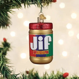 Jif peanut butter ornament with red-green label and gold lid