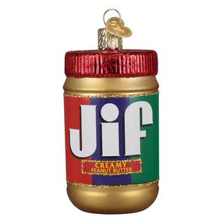 Peanut butter jar ornament with a red glitter cap and gold bottom.