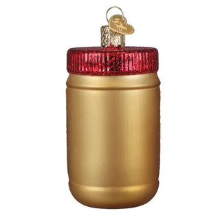 Jif peanut butter ornament in a gold jar with red glitter lid