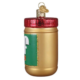 Peanut butter jar ornament with gold body and red lid.