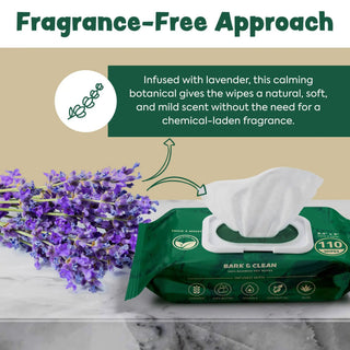 Extra-thick lavender-infused dog grooming wipes, 100-count in green packaging.