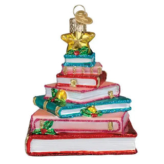 Book Club Tree Ornament: stacked glittery books in pink, teal, blue with a gold star topper