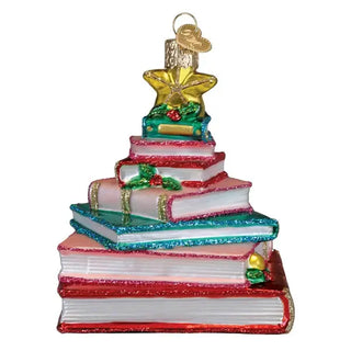 Book Club Tree Ornament, glittery multicolor stacked-book design with a gold star topper