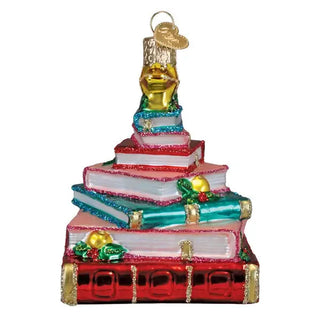 Book Club Tree Ornament rainbow-colored glittery book stack with gold topper