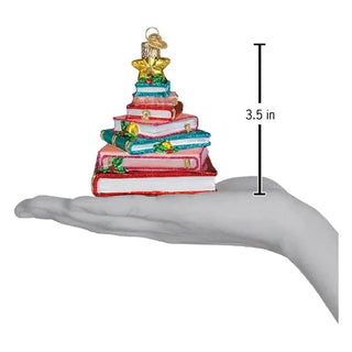 Book Club Tree Ornament, colorful glittery stack of books with a gold star, 3.5 in tall
