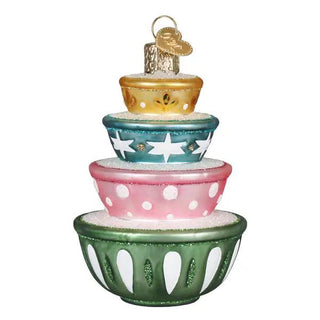 Stacked mixing bowls ornament, five-tier glass bowls with glitter accents