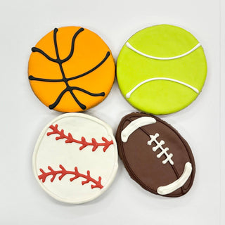 Sports Ball Buffet Cookies, four assorted cookies shaped as basketball, tennis ball, baseball and football