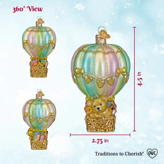 Baby Bear Balloon Ornament, pastel multicolor with gold trim and a bear in a basket base, 4.5 in tall