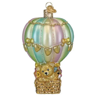 Baby bear balloon ornament with pastel-striped glass balloon and gold basket